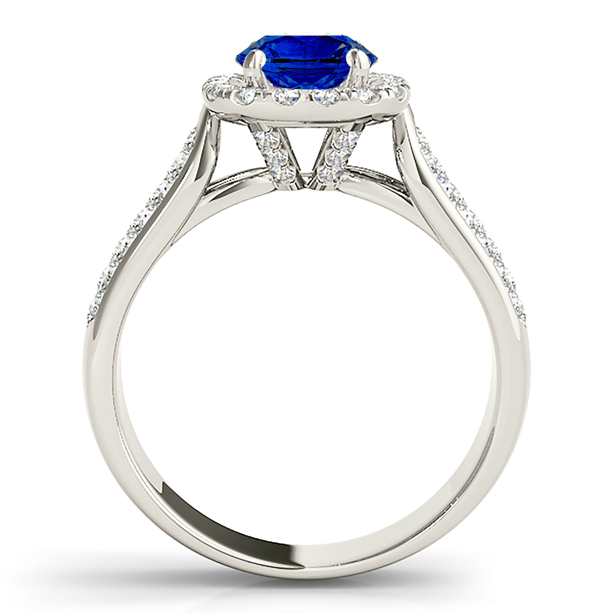 1.35 ct. Genuine Blue Round Sapphire Ring With 0.75 ctw. Diamond Cushion Halo, Triple Row Diamond Band | Natural Sapphire And Diamond Ring-VIRABYANI